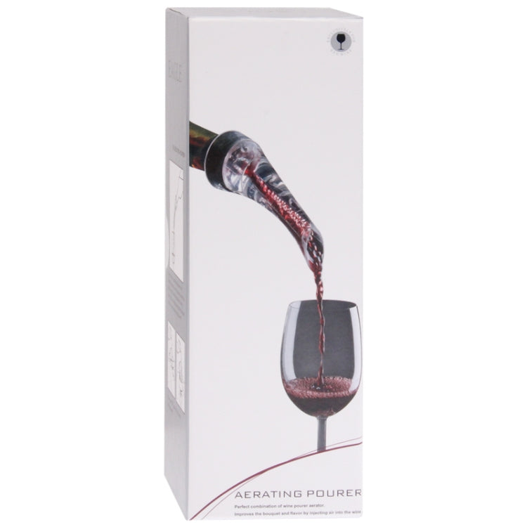 Wine aerating pourer retail box showing wine glass and pour spout graphic