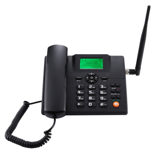 Dark gray GSM desk business phone with keypad, handset dock, and green LCD screen