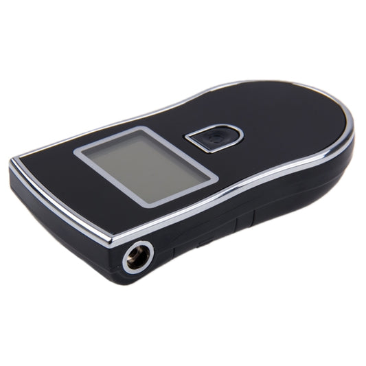 Digital breath alcohol tester, black handheld device with LCD and side mouthpiece port