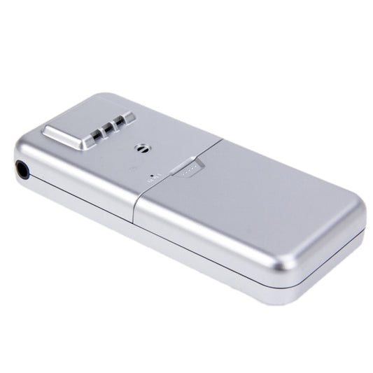 Silver handheld breath alcohol tester with mouthpiece and control panel.