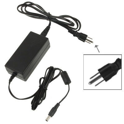 DC power adapter with black cord, DC barrel connector, and 2-prong plug (flat blades)