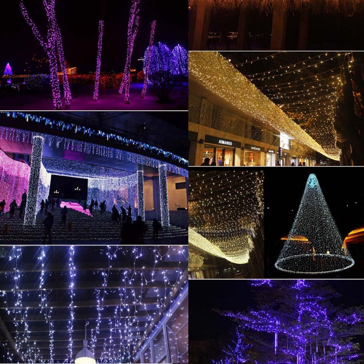LED light curtain and hanging strands, glowing purple and warm white