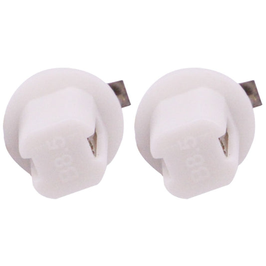 Two white B8.5 LED bulbs with metal prongs, rear view, SMD 5050 chips