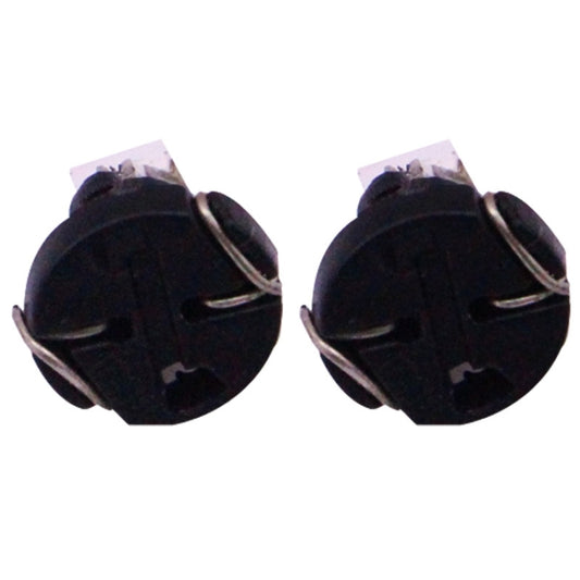 Two T3 LED bulbs, rear view with metal prongs and clear window