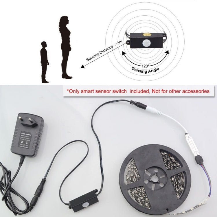 PIR sensor switch kit with black sensor module, DC connectors, and LED strip controller