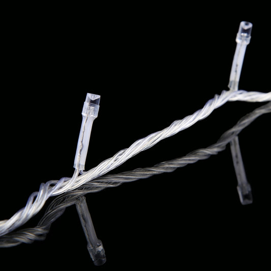 Close-up of clear LED string light strands with individual bulb nodes