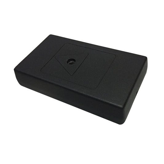 Black alarm sensor enclosure with top mounting hole and recessed panel