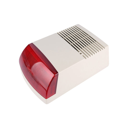 White wired siren strobe alarm with red lens and speaker grille