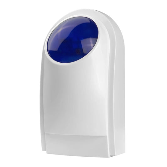 White outdoor alarm siren with blue-tinted protective lens dome