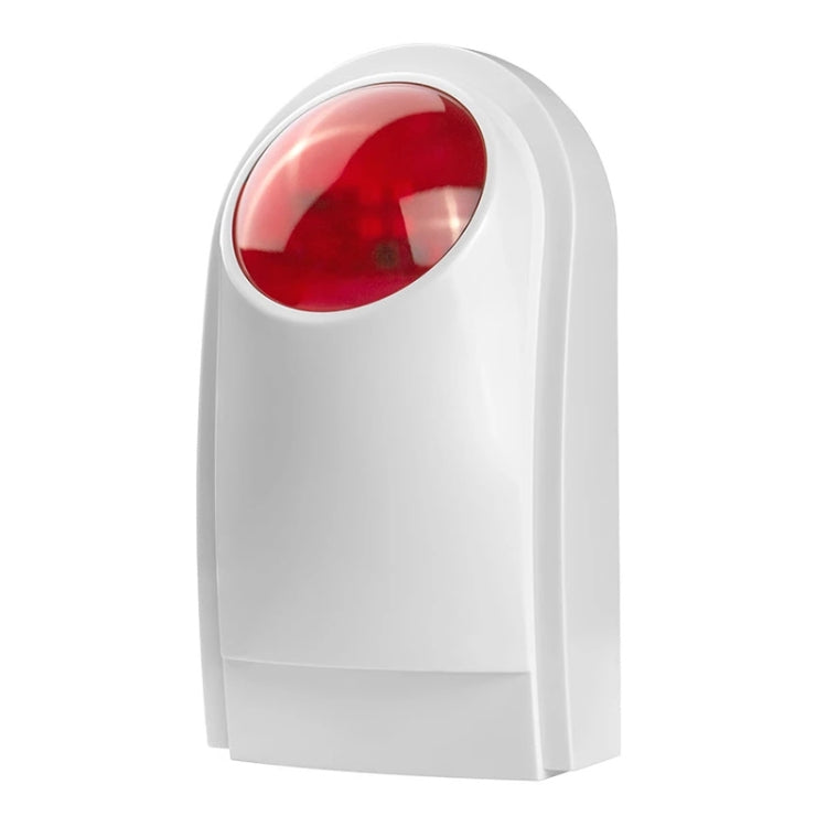 White outdoor alarm siren with red protective lens dome, front view