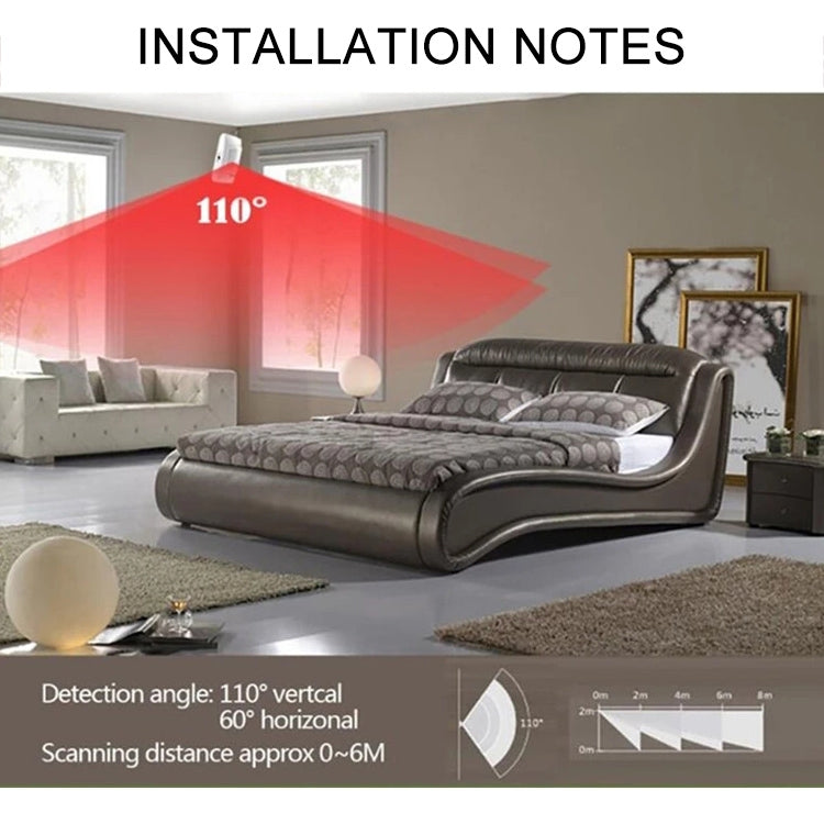 PIR motion sensor detection angle graphic showing 110° vertical field