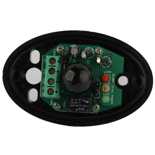 Infrared beam detector PCB inside black oval housing with LED indicators and components