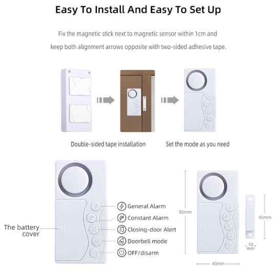 Magnetic door alarm sensor showing double-sided tape setup and mode settings diagram