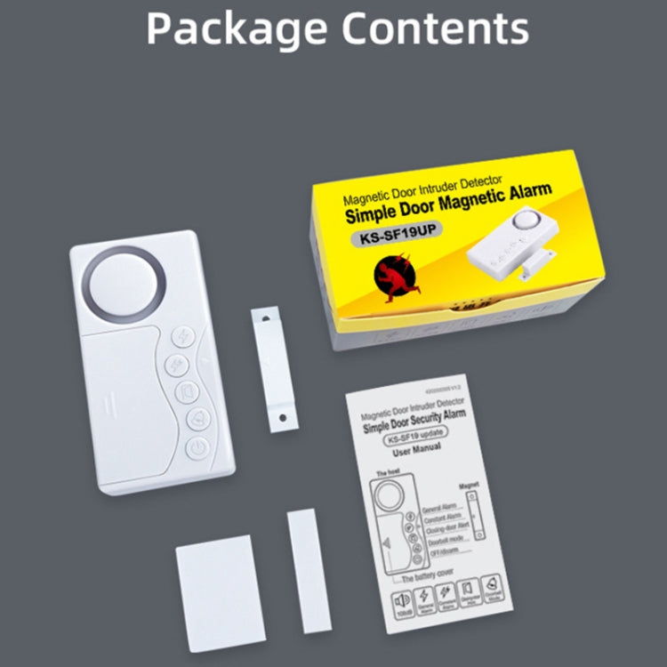 Magnetic door alarm package contents: sensor unit, magnetic contacts, tape, and manual