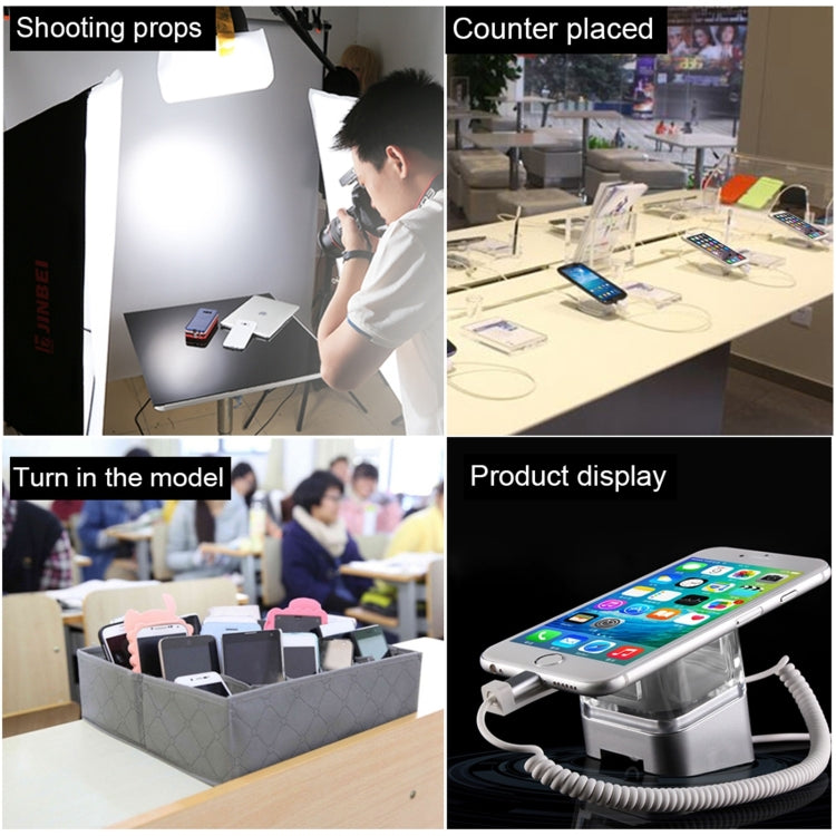 Smartphone displayed on a security stand with coiled cables and clamp