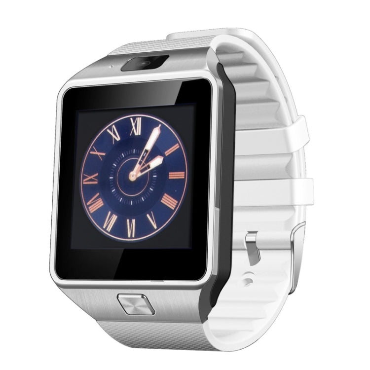 White smartwatch with camera on top and dark display, rubber sport strap