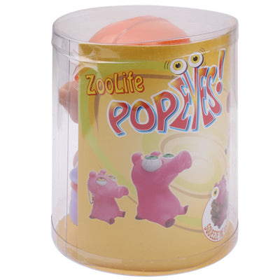 Clear plastic cylinder toy pack with Zoolife Popkids graphics and purple creature figures.
