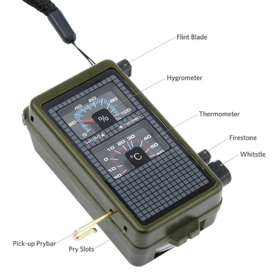 10 in 1 (Thermometer, Hygrometer, LED light, Reflector, Spirit level, Compass, Whistle, Flint, Magnifier, Ruler) Multi-Function Portable Compass, 10 in 1