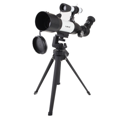 Astronomical telescope with large front lens opening, side eyepiece, and tripod legs