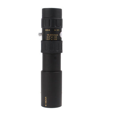 Black telescope monocular with textured grip and zoom scale display