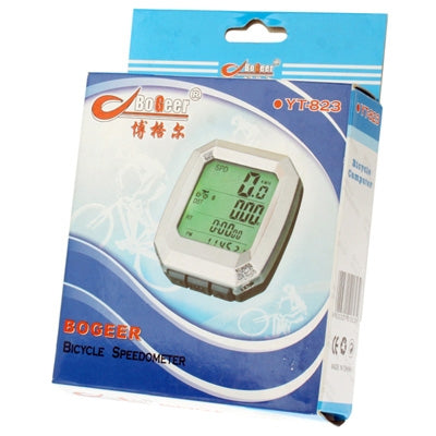 Bogeer YT-823 LCD bicycle speedometer retail package with green screen mockup