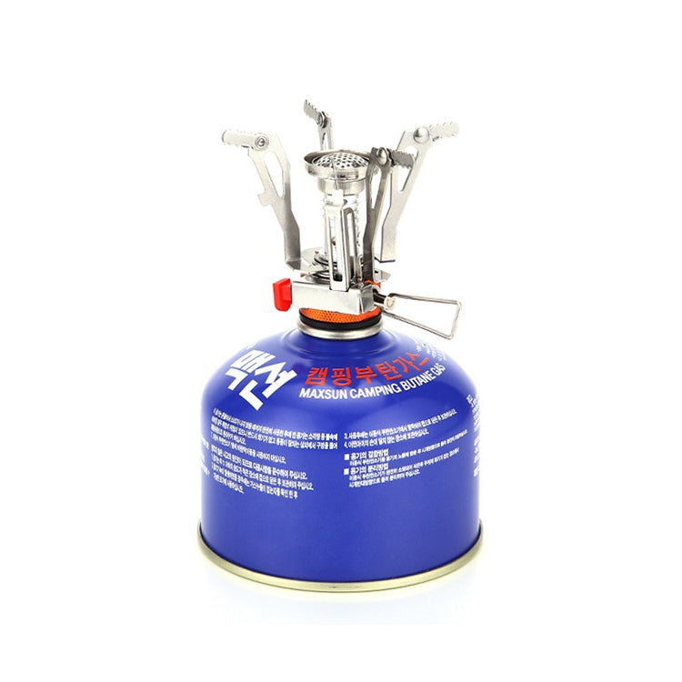 Mini stainless steel gas stove on blue camping fuel canister with stand