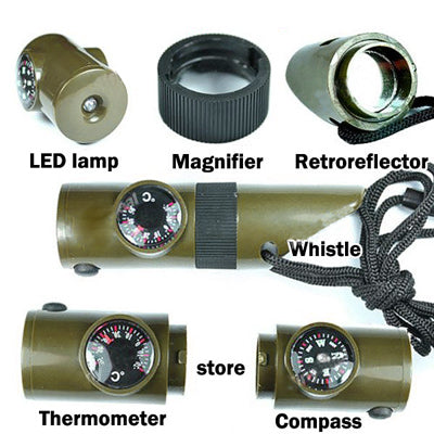 7-in-1 survival whistle multi-tool showing magnifier, LED lamp, retroreflector, compass and thermometer
