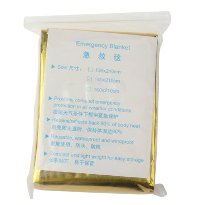Gold emergency survival blanket in clear pouch with printed label and size info