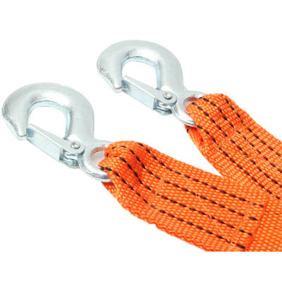 Orange tow rope with two metal snap hooks