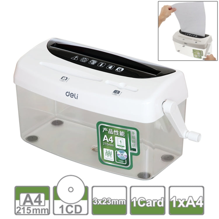 White desktop paper shredder with black feed slot, control icons, and clear bin