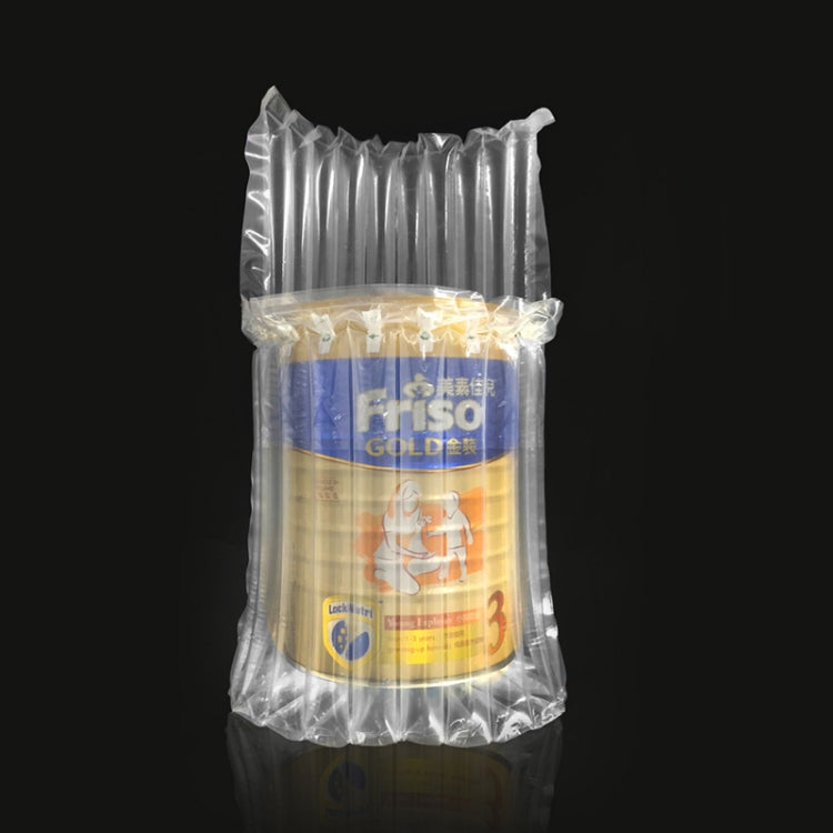 Air column cushion packaging bag, inflated clear silver air columns holding a container