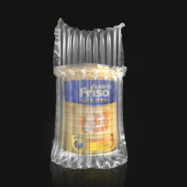 Air cushion mailer bag, clear with blue tint, holding a bottle-style item inside