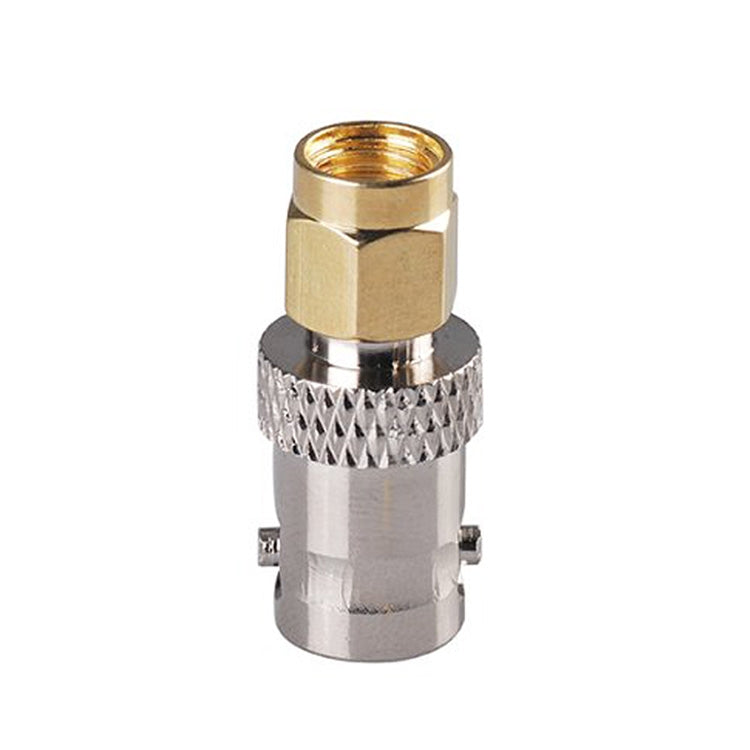 RP-SMA female side of BNC-to-RP-SMA adapter, gold threaded top on metal body