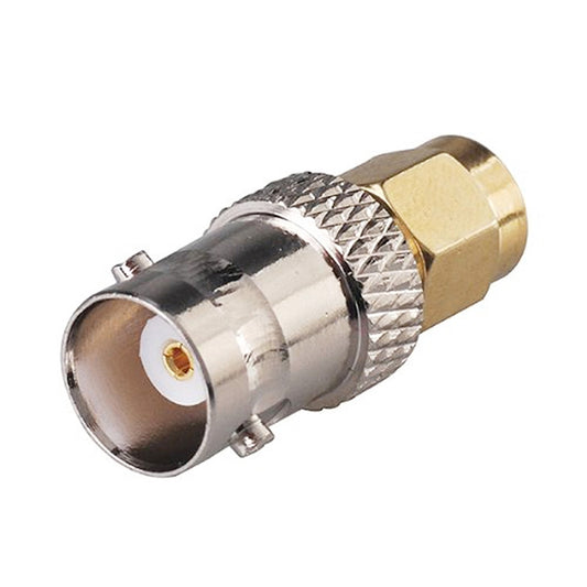 BNC female to RP-SMA female adapter connector, silver and gold RF coax joiner