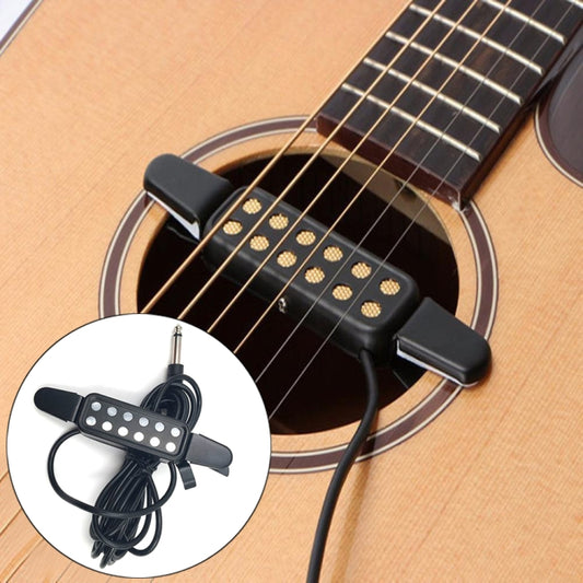 Black guitar sound hole pickup with cable and black mounting clips