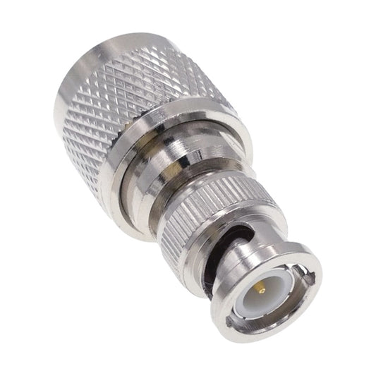 N to BNC male RF coax connector, knurled metal body with threaded ends