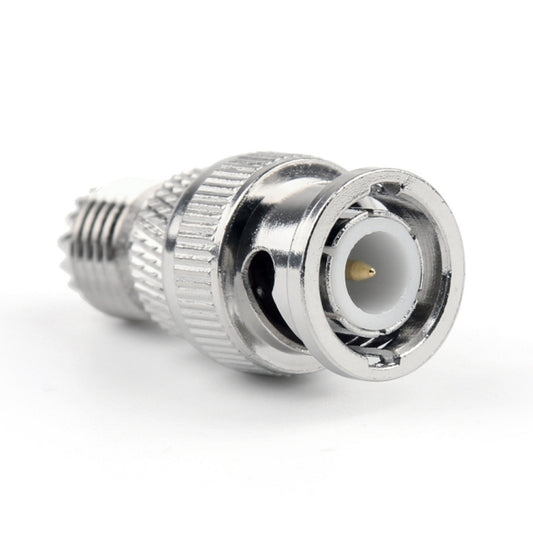 RF coaxial adapter: BNC male to mini UHF female, chrome metal connector