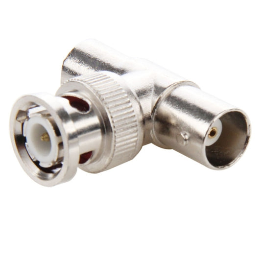 Silver BNC T-connector adapter with one male and two female ports