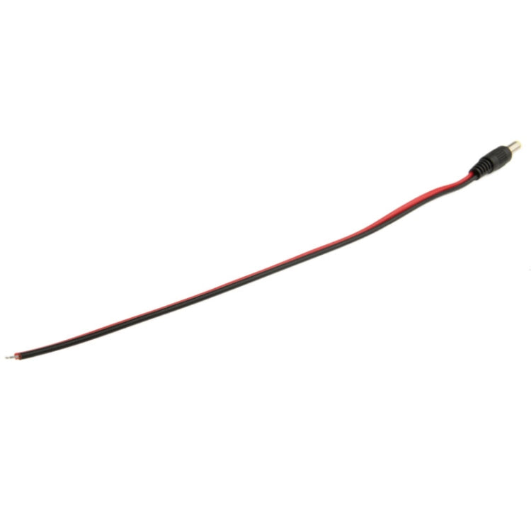 DC power male barrel connector adapter cable with red and black wires, stripped end