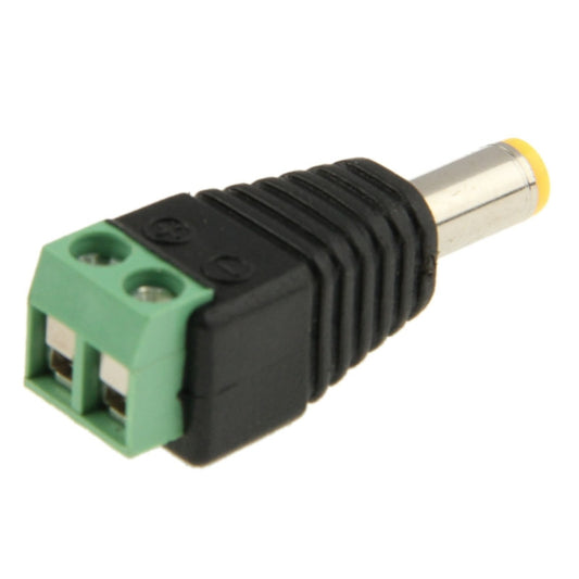 Male DC power connector with green screw terminal, black strain relief, and exposed center pin