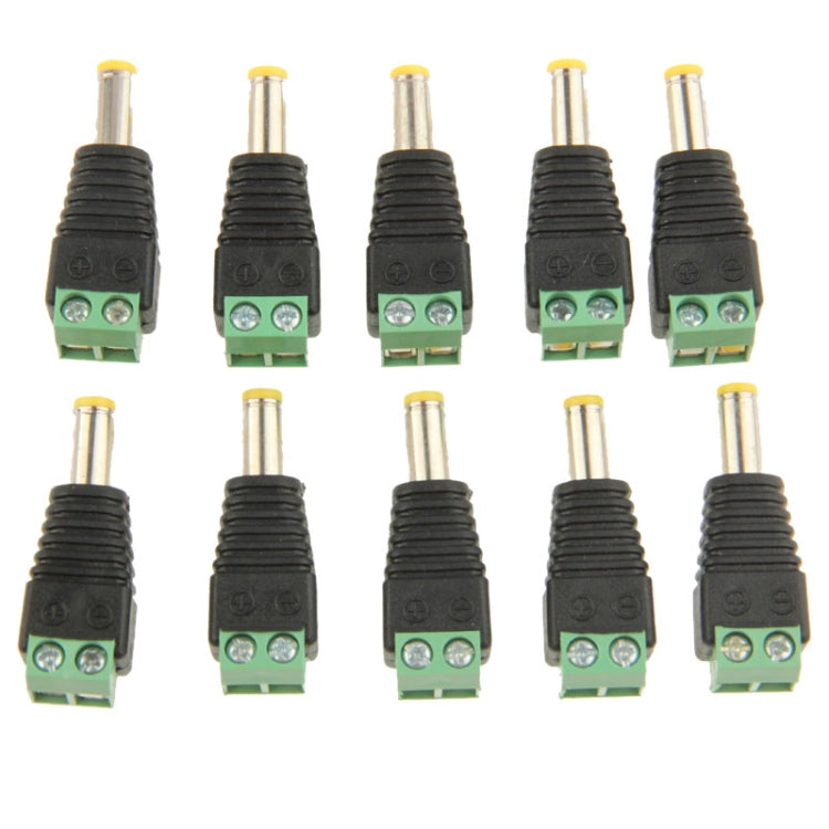 10-pack male DC power connector plugs, black housing with green screw terminals and silver pins