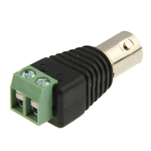 BNC adapter with green 2-pin power terminal and silver BNC female port