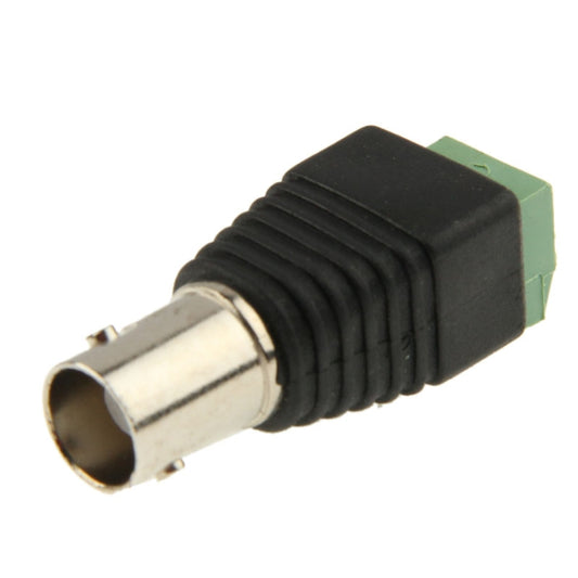 BNC coaxial female adapter connector with black cable boot and green power terminal
