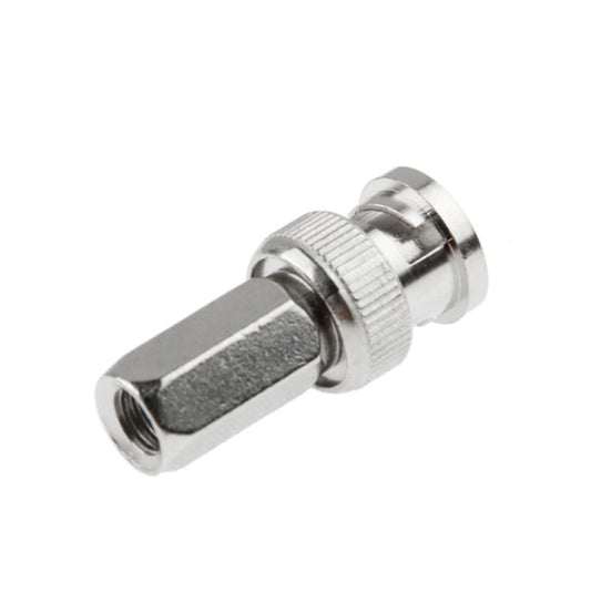 BNC male compression connector with center pin and knurled collar, silver metal
