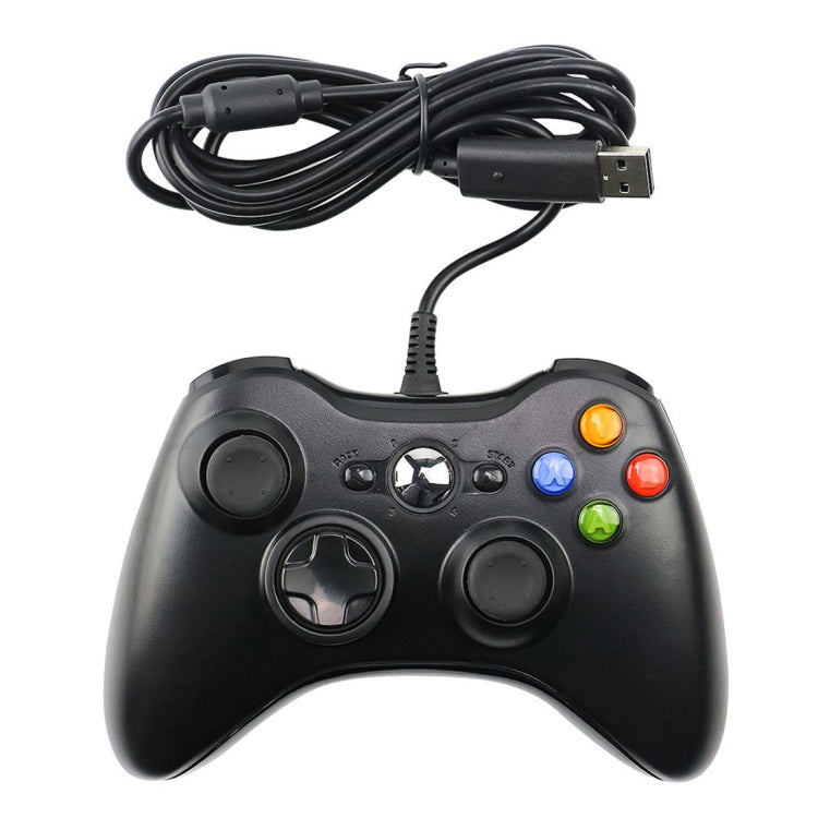Black wired Xbox 360-style game controller with thumbsticks and attached USB cable