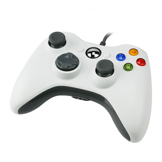 White wired Xbox 360-style game controller, angled view showing thumbsticks and colored buttons