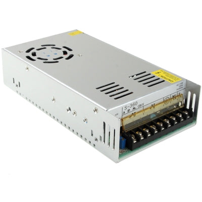 Regulated switching power supply, silver metal case with vent slots and multi-pin DC output terminals