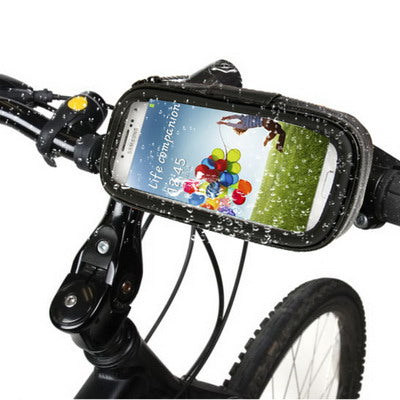 Waterproof bike phone mount case with clear touchscreen window, attached to handlebars