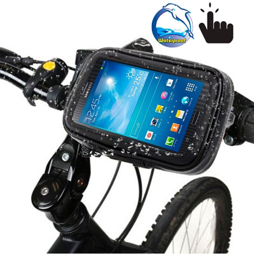 Waterproof zippered bicycle handlebar phone mount bag with touch-screen window, black.