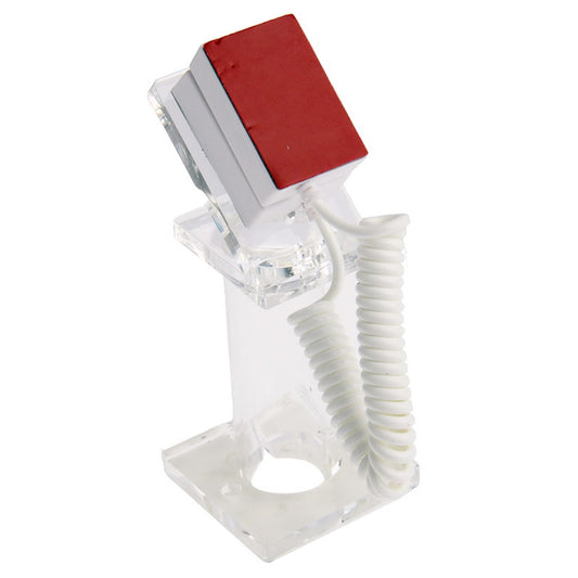 Clear anti-theft smartphone stand with red back plate and coiled spring tether